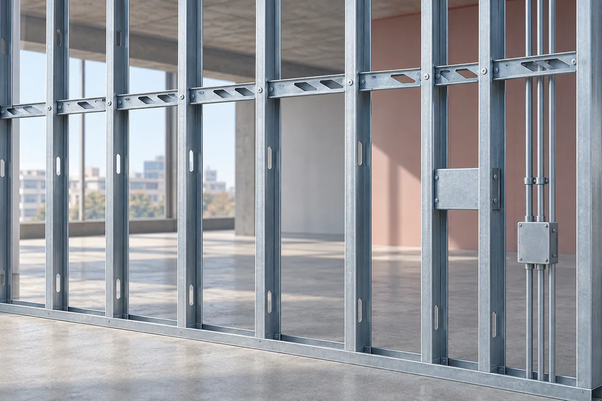 Open stud wall displaying a continuous bridging line and a separate solid blocking/backing location.