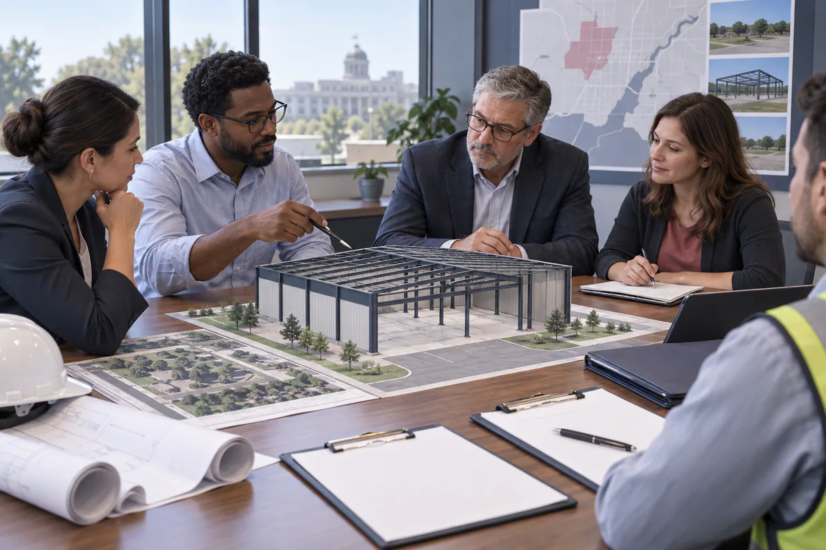 A preliminary steel-building model at a permit coordination table with site context and blank agenda documents.