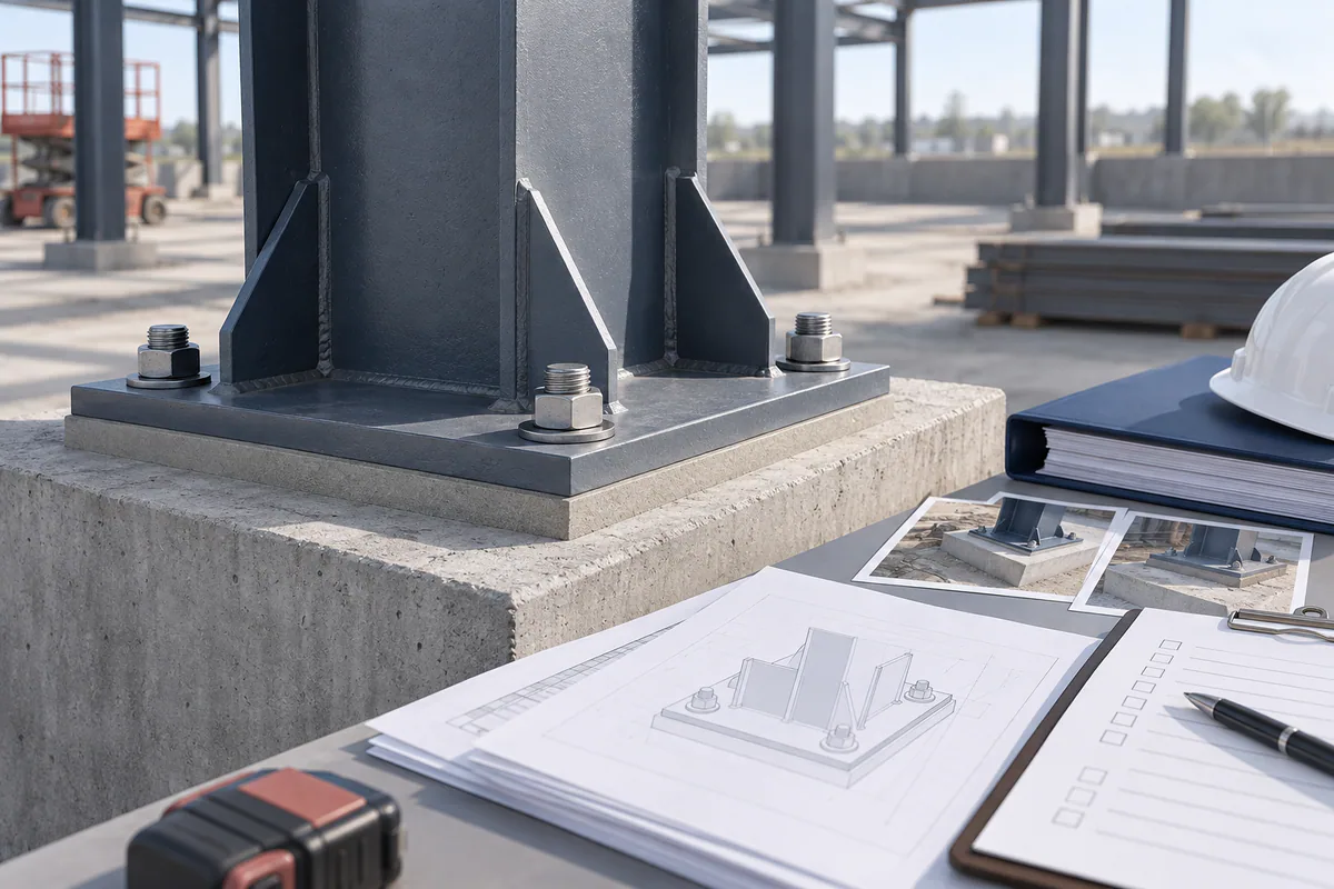 Ilustración conceptual sobre Registros de entrega del grout en bases de edificios de acero.