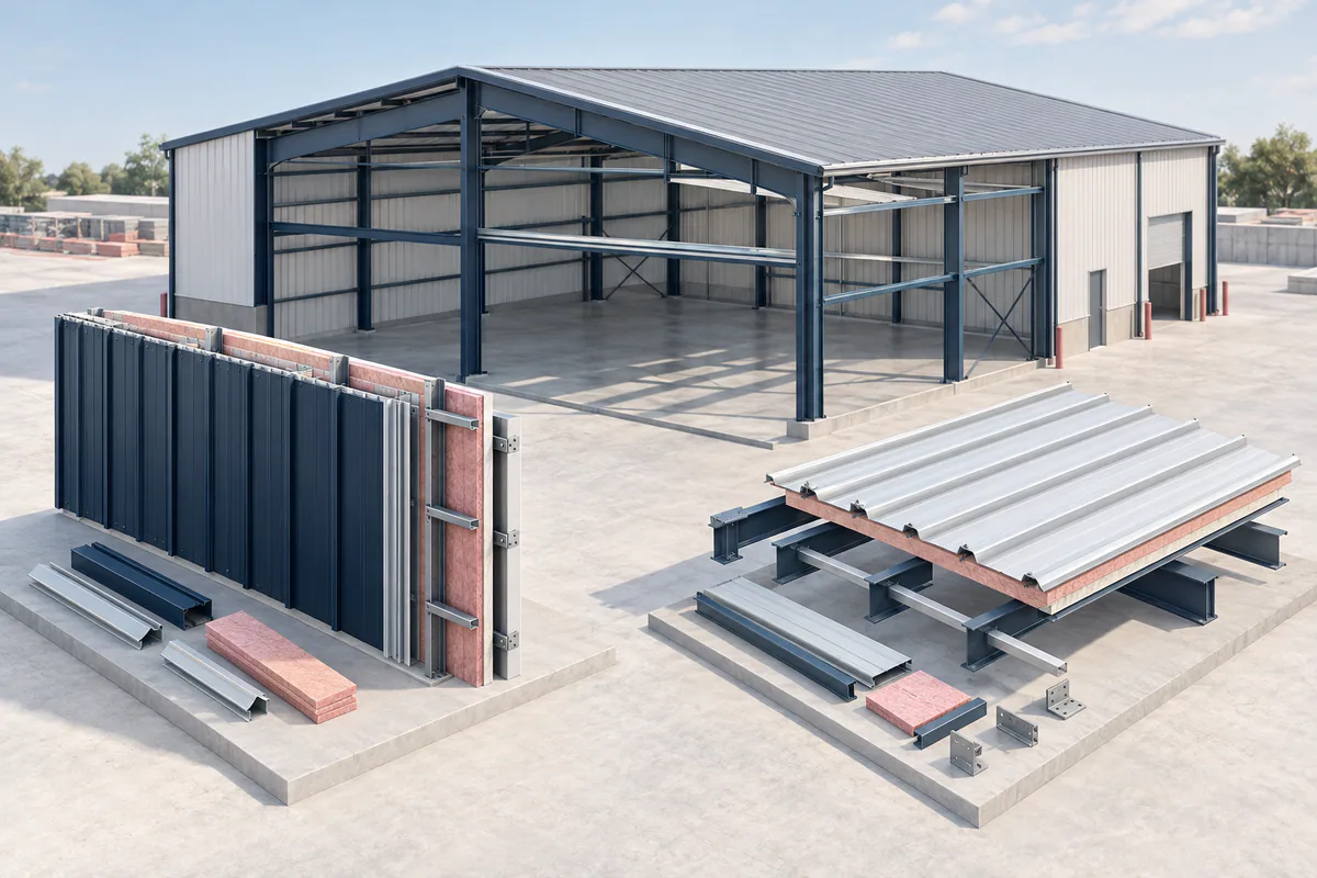 A base steel-building model beside two physically distinct optional alternate components, each separated for review.