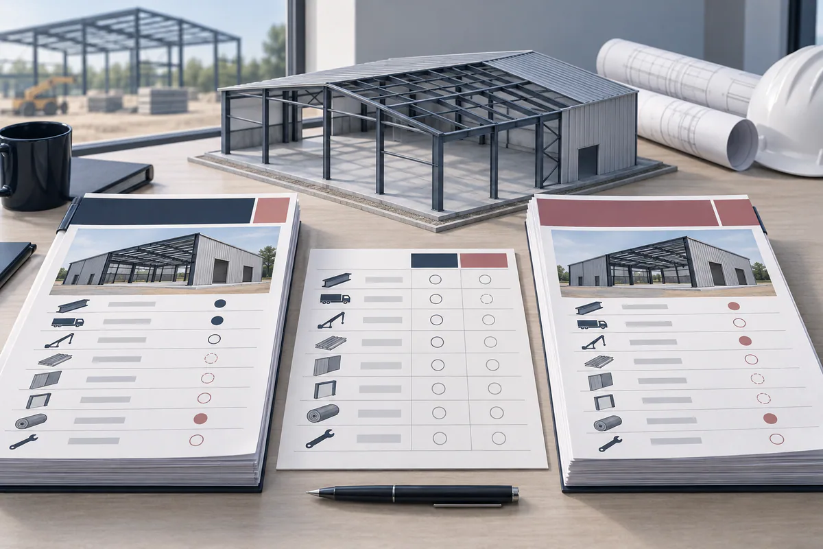 Two steel-building bid packages arranged beside the same scope model, with matching blank comparison rows.