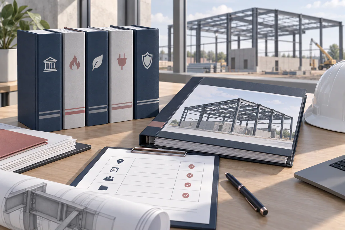 Separate unbranded code-edition volumes beside a US steel-building project folder and unmarked jurisdiction record.