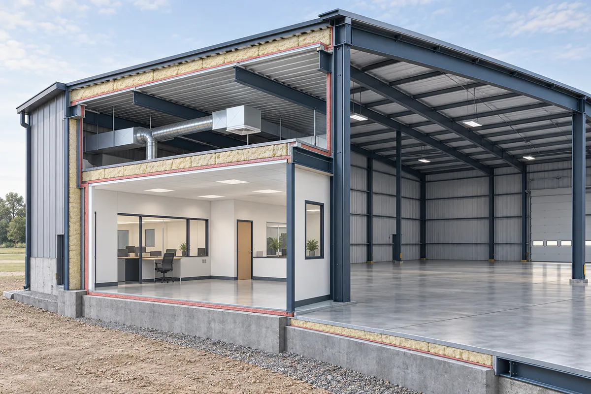 A partially conditioned steel facility with a clear insulated boundary separating occupied and unconditioned volumes.