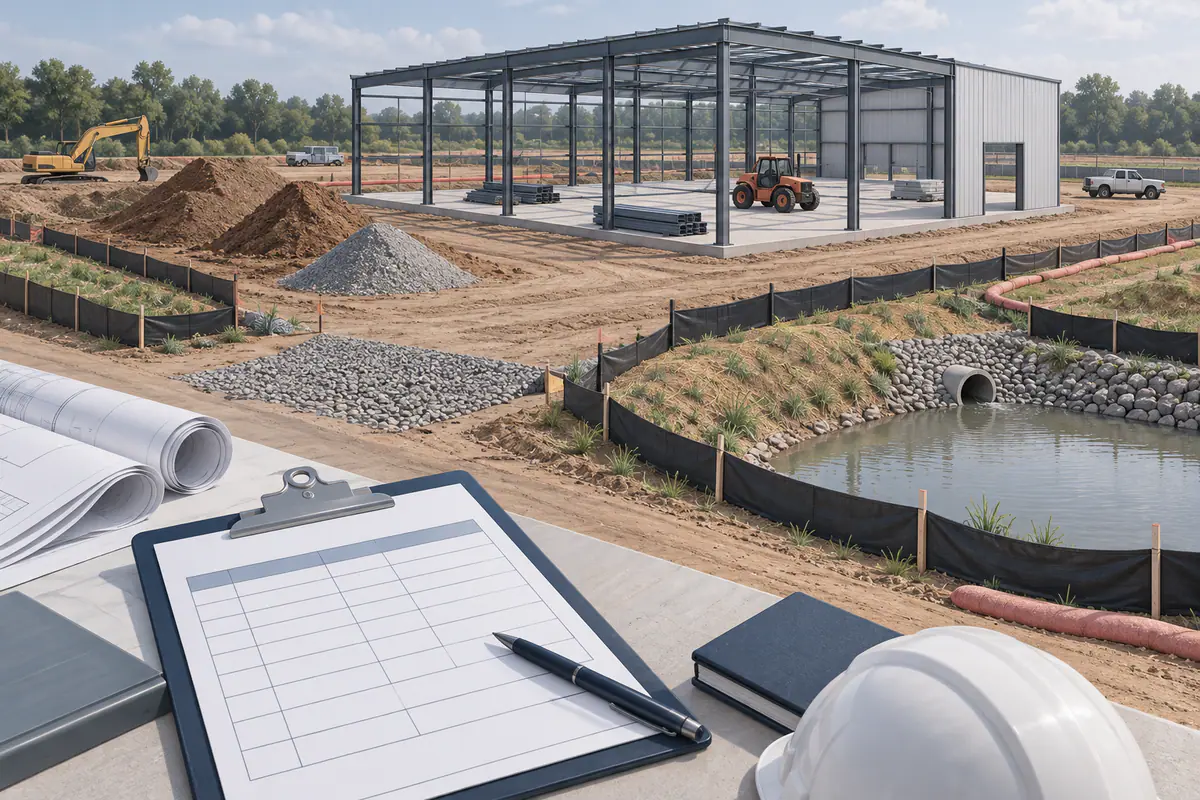 A construction-site model with temporary runoff control areas, soil stockpiles, and a blank stormwater inspection record.