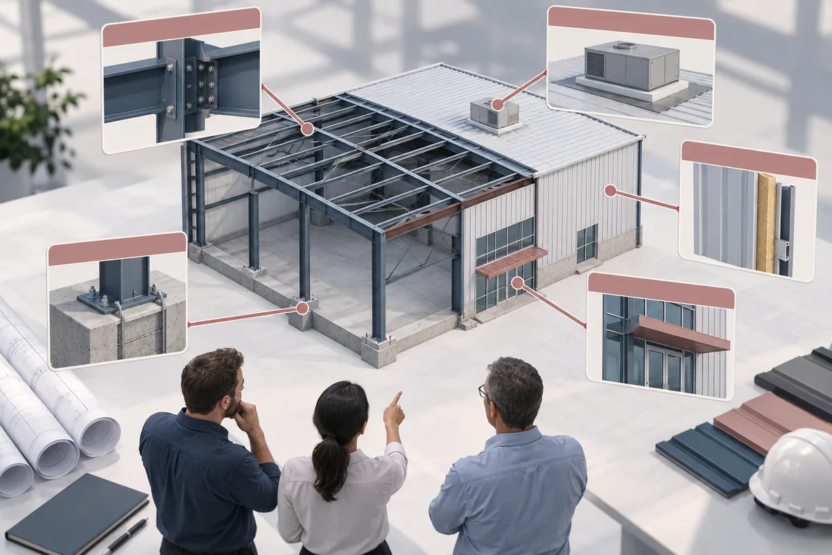 A small building model surrounded by a few distinct unresolved decision cards tied to specific physical interfaces.