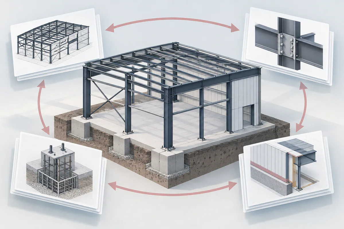A steel building model linking separate building, connection, foundation, and specialty-design document packages.
