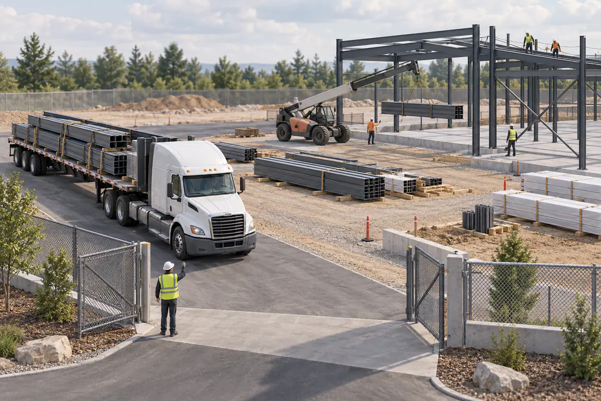 A delivery truck, site gate, unloading zone, and installation area coordinated around a small steel-building site model.