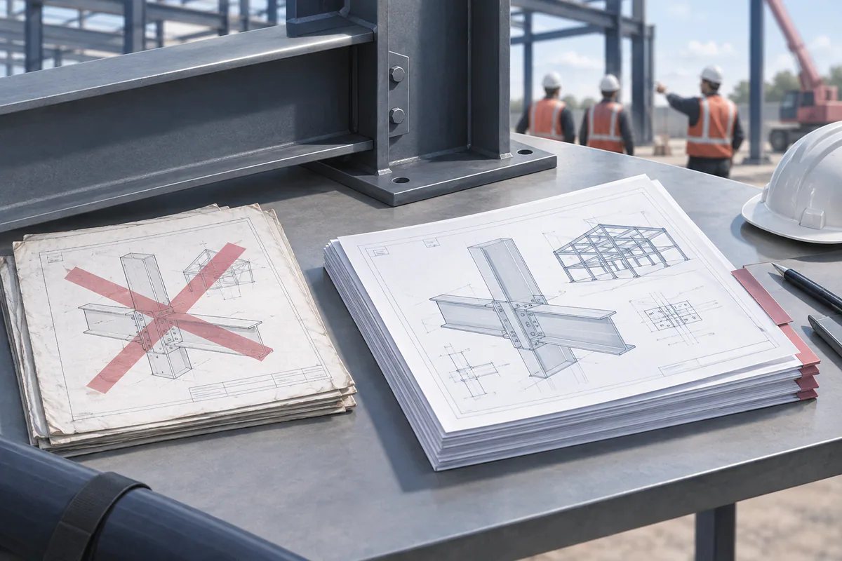 Two drawing revisions beside a steel component, with the superseded sheet separated from the current work package.