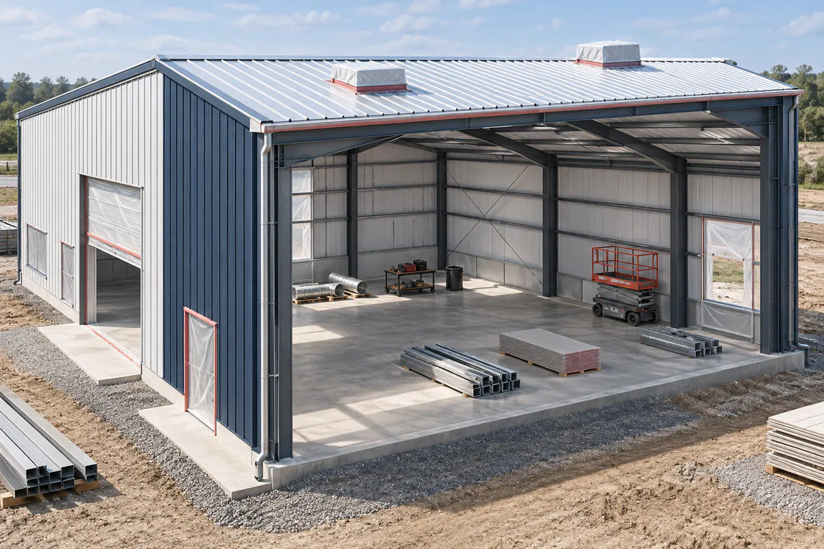 A partly enclosed metal building with completed roof-water transitions and unfinished interior trades, illustrating a defined dry-in boundary.