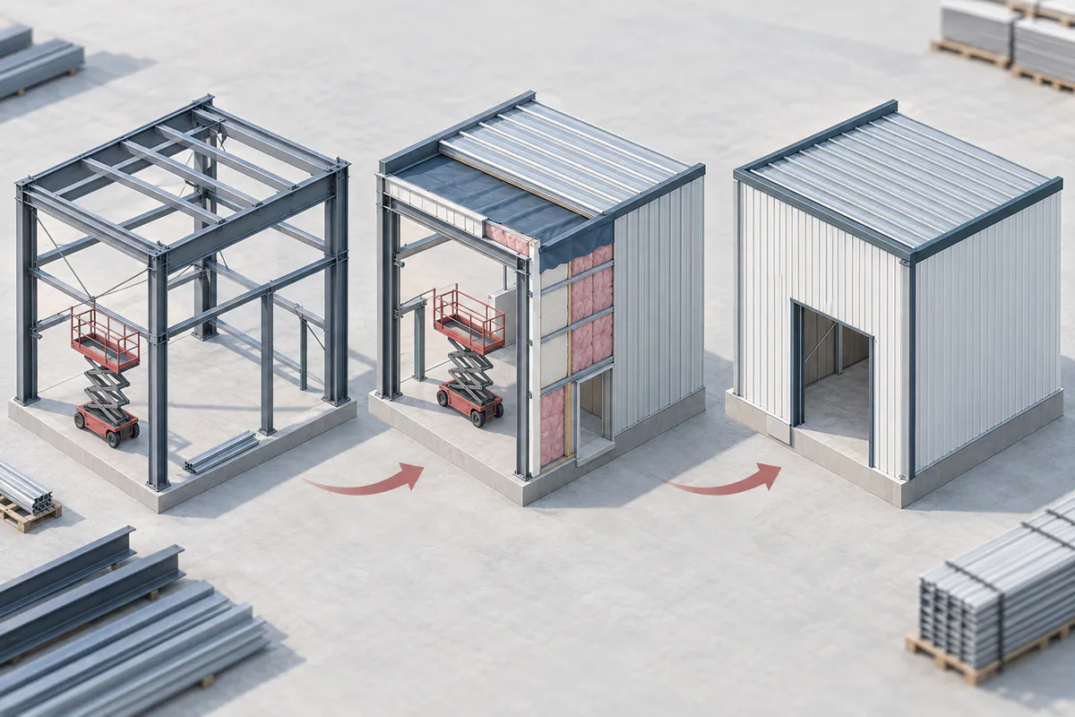 Three small enclosure-zone models at successive installation stages, keeping access and continuity interfaces visible.