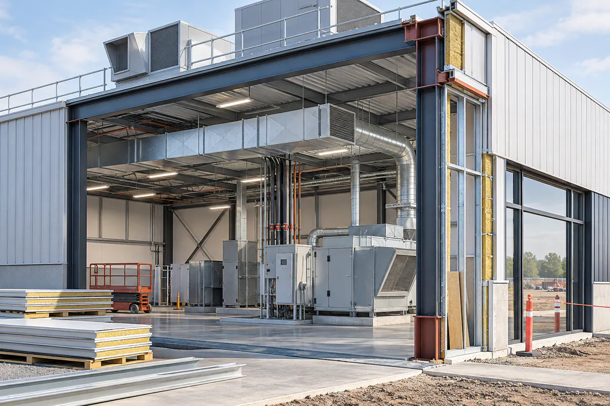 A completed enclosure meeting an HVAC startup work zone, with access and unfinished moisture-sensitive details visible.