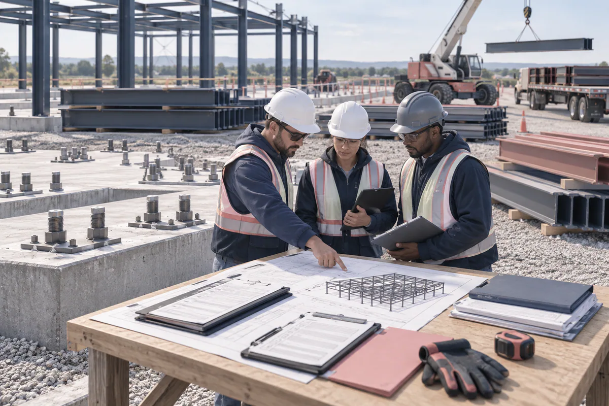 A steel erection readiness handoff showing accepted anchors, accessible supports, clear laydown, and current documents together.