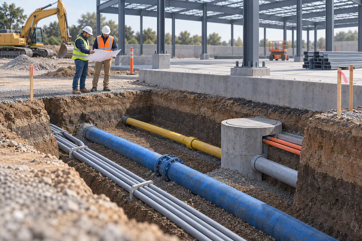 A steel-building site cutaway exposing existing underground utilities near proposed foundation and service routes.