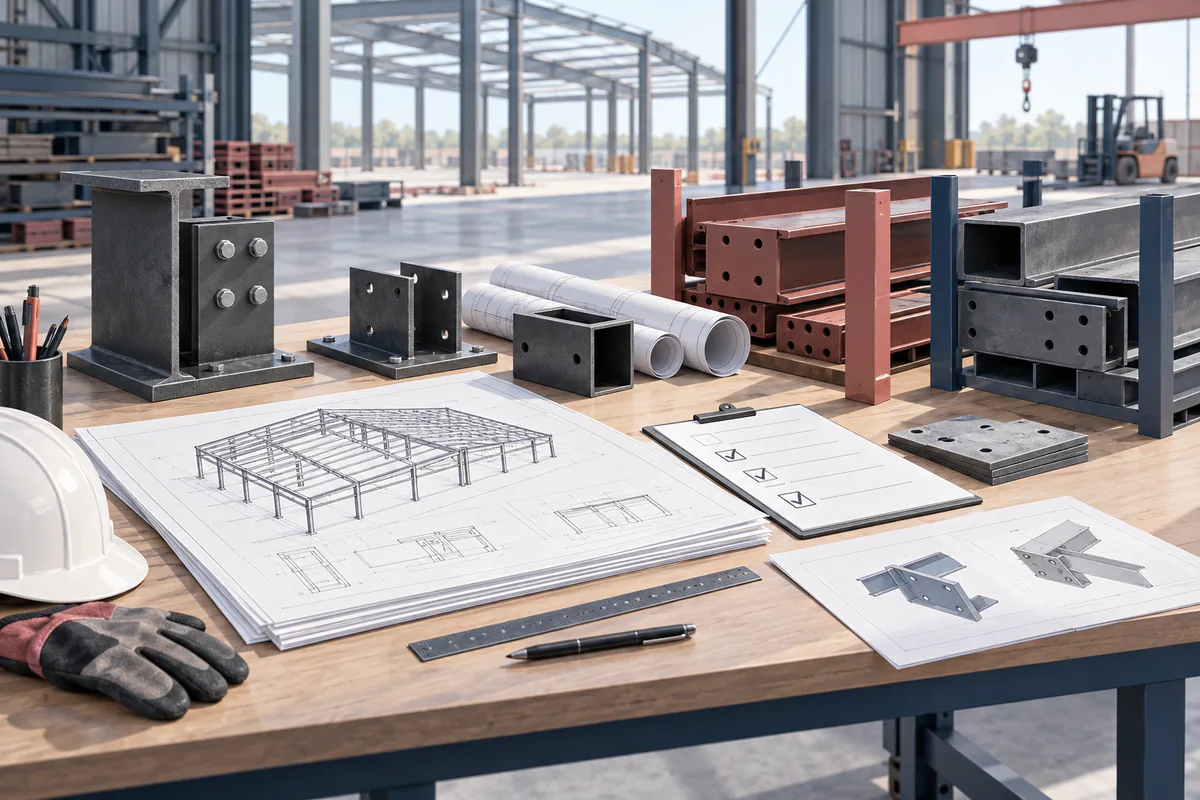 An organized fabrication-release bench with current drawings, resolved connection samples, and held pieces kept separate.