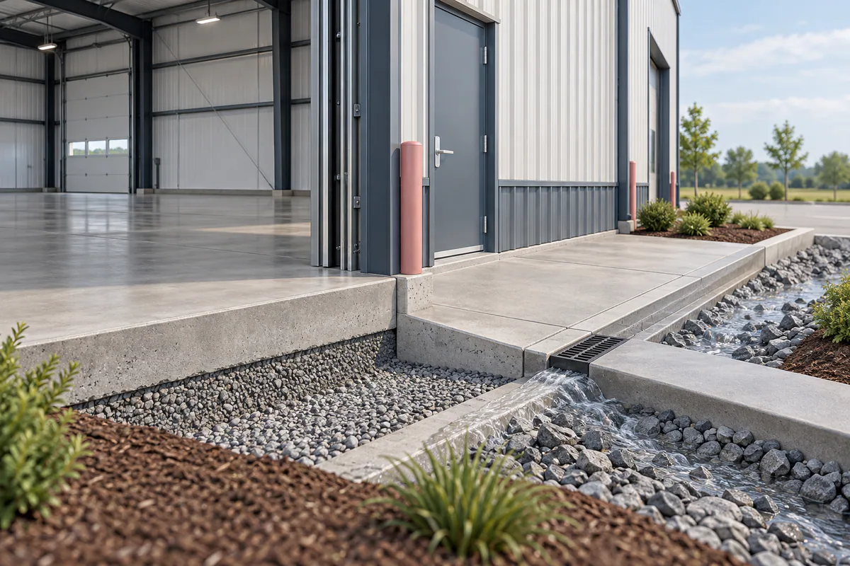 A steel-building entrance and slab edge coordinated with surrounding finished grade and an external drainage path.