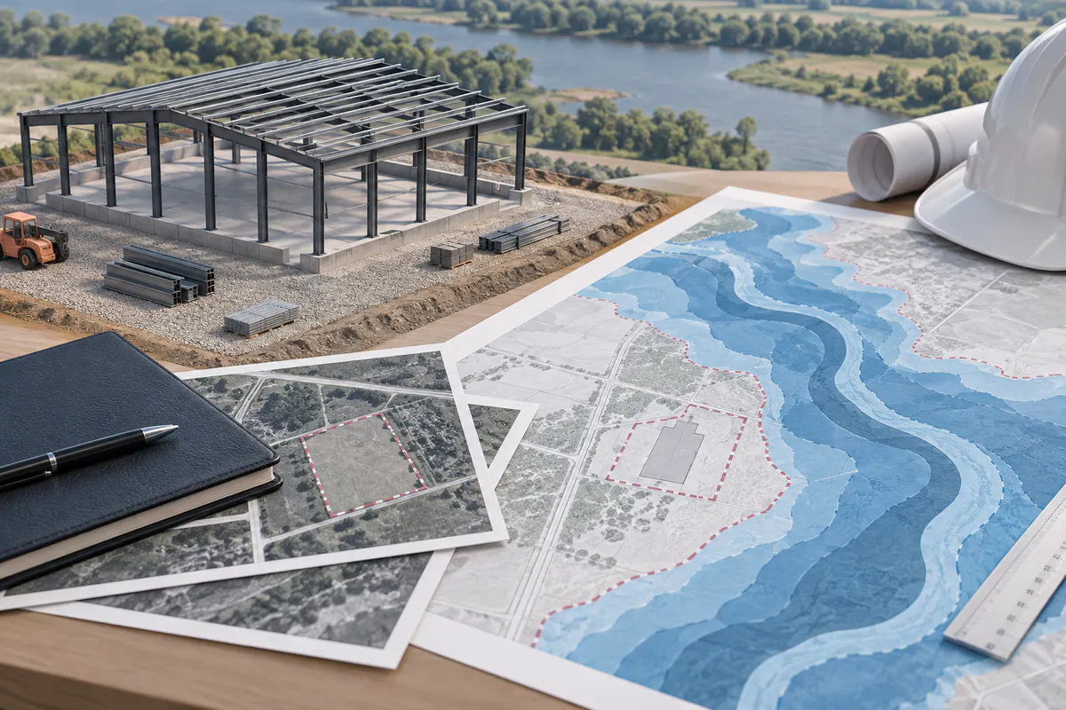 A steel-building site model beside a blue floodplain-style landscape sheet with no real location or map claims.