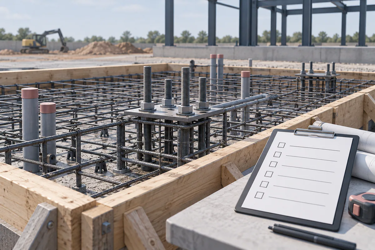 Foundation reinforcing and anchor placement visible before a proposed pour, with a blank release checklist beside the model.