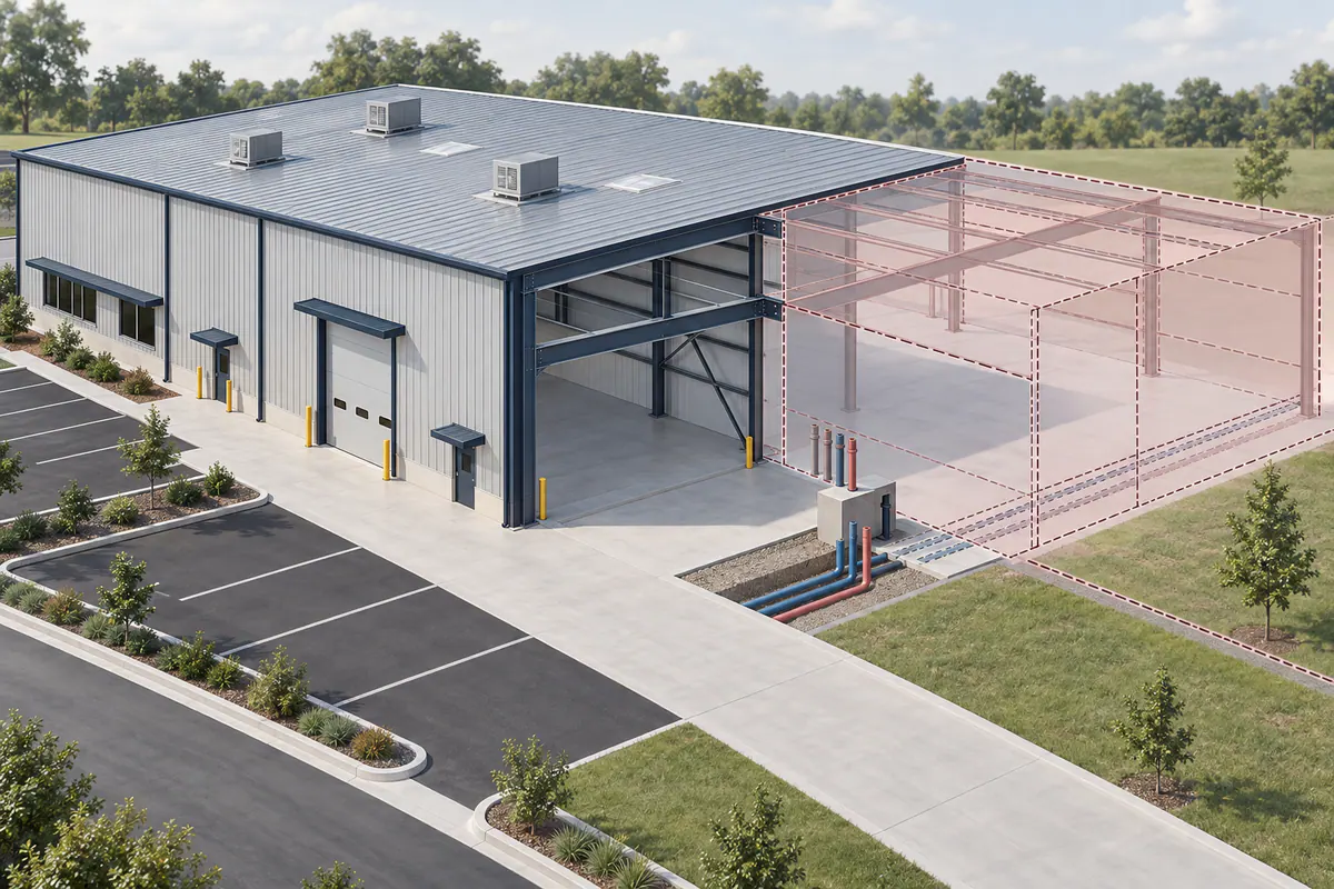 A steel building master plan with a documented future extension zone, access continuation, and utilities reserved separately.