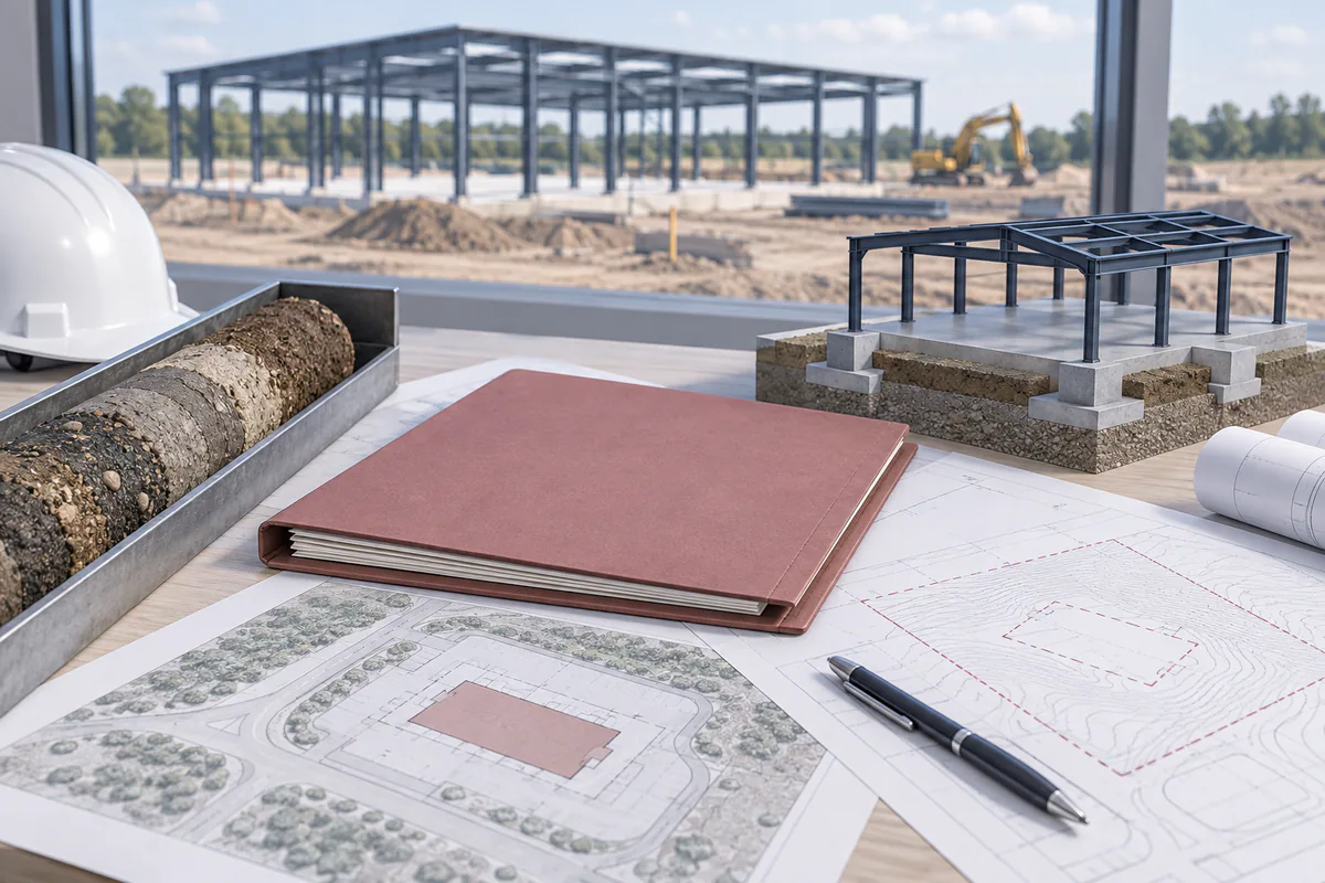 A site soil core sample, foundation concept model, and unmarked geotechnical questions folder on a review bench.