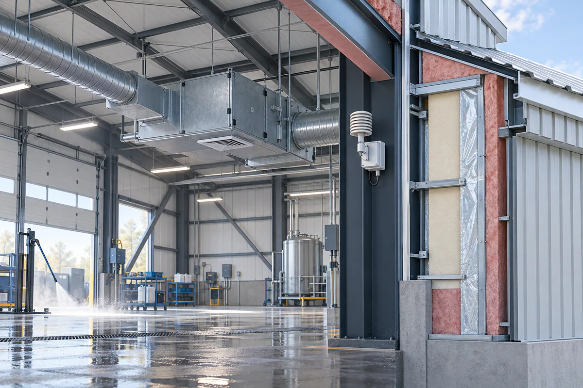 A steel-building interior with humidity-monitoring equipment, air-handling components, and moisture-sensitive enclosure layers.