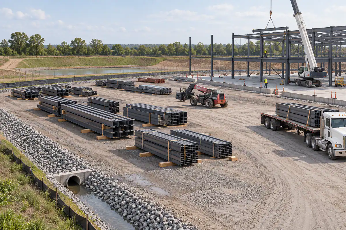 A graded steel laydown area beside an erection site with accessible stock, stable support, and clear delivery routes.