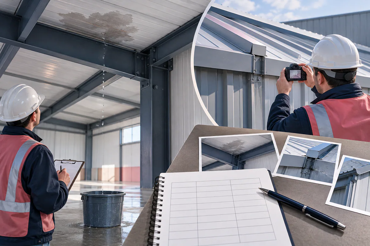 A localized roof leak investigation with interior water evidence, exterior junction photographs, and a blank location log.