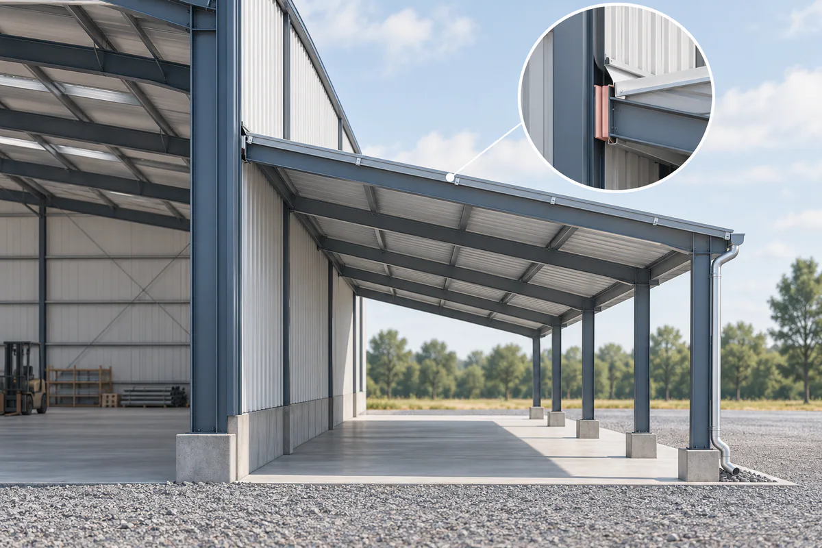 A lean-to beside a main steel frame, with independent supports and the adjoining drainage interface emphasized.