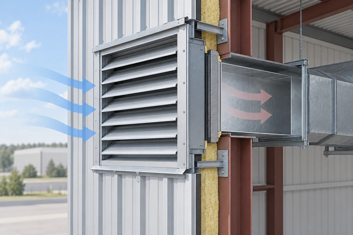 A louver opening in metal wall cladding with support framing, air-water interfaces, and service connection context.