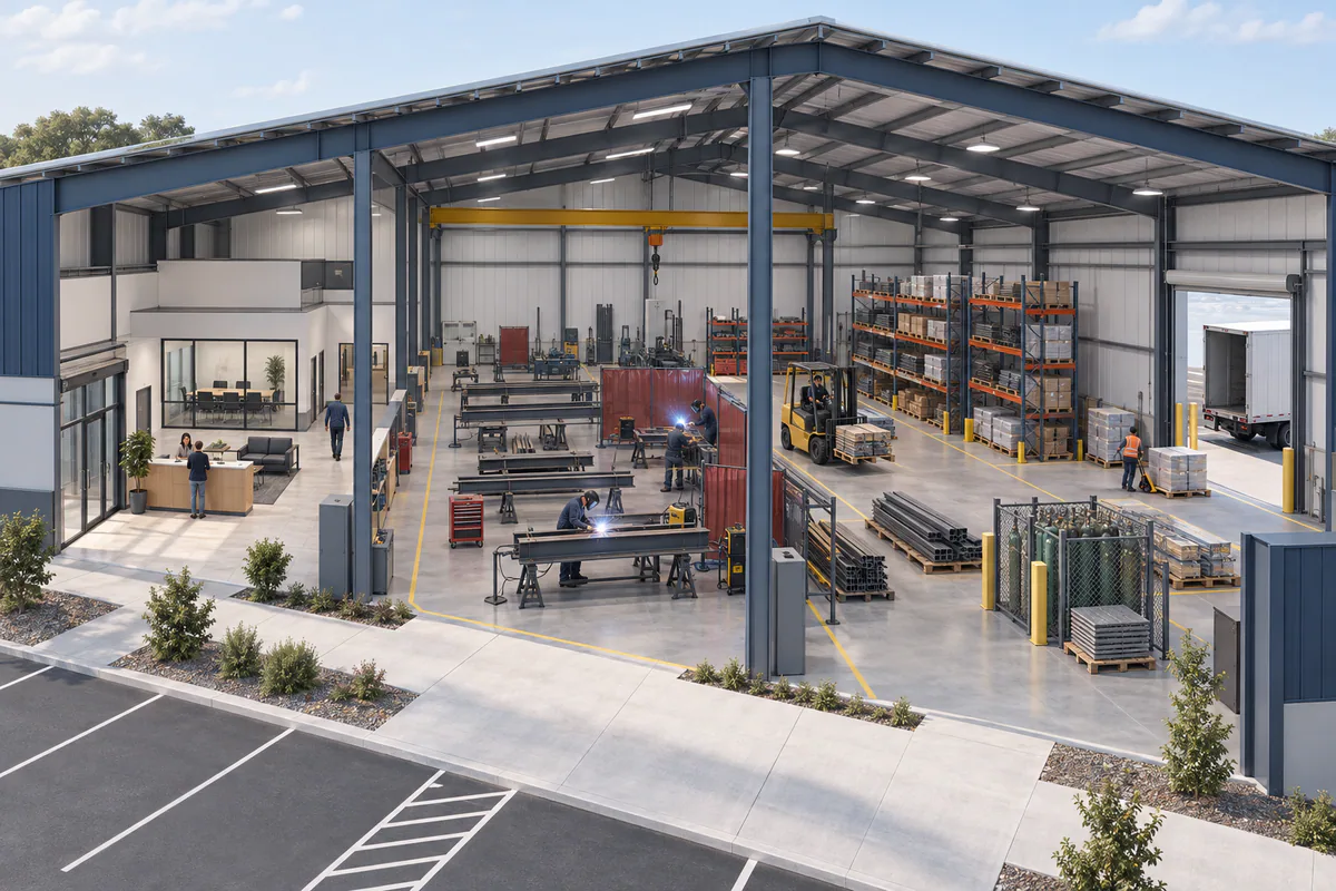 A steel building interior divided into clearly different occupancy and operating zones with access paths visible.
