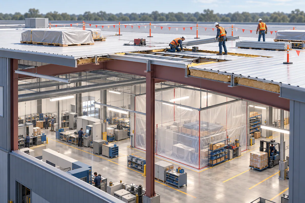 An occupied steel facility beneath a separated overhead roof-work zone, showing protected interior and maintained operations.