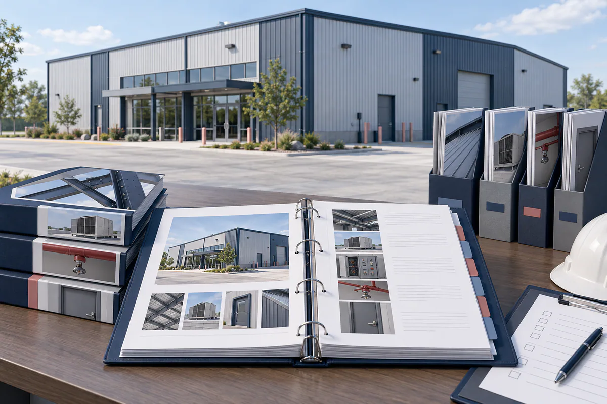 A completed steel facility beside an organized maintenance binder, installed-equipment records, and supplier information folders.