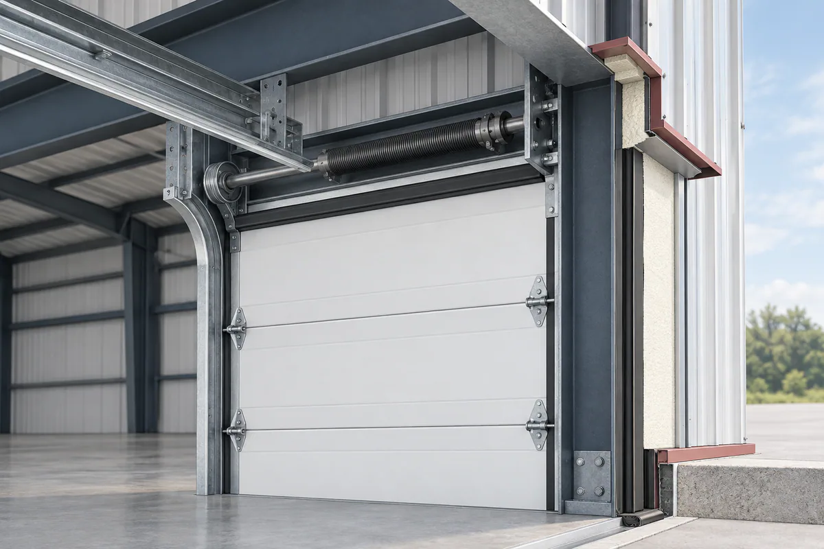 An overhead door jamb and head cutaway showing rails, structural support, panel edges, and weather seals together.