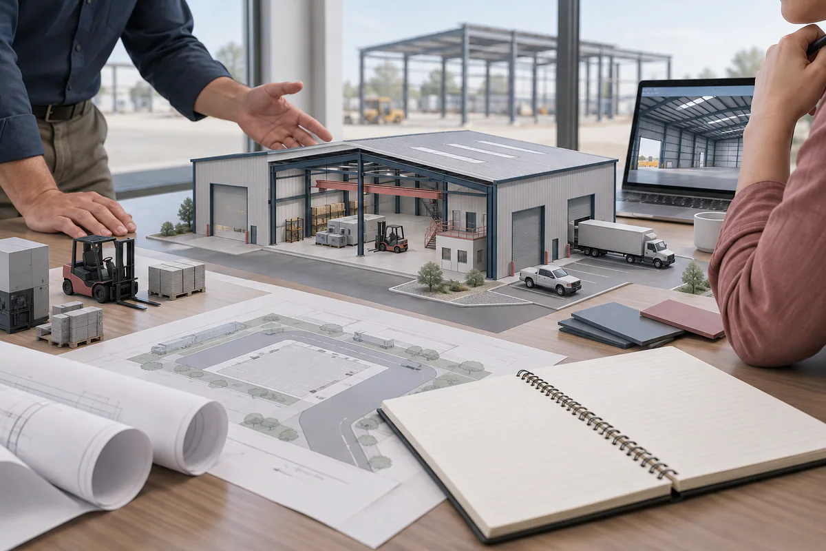 An owner's planning table with a building-use model, access needs, equipment envelope, and blank requirements notebook.