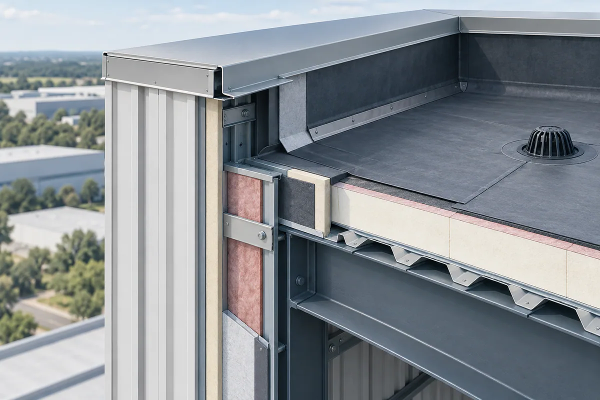 A parapet roof-to-wall corner exposing coping, roof termination, insulation, and wall control-layer continuity.