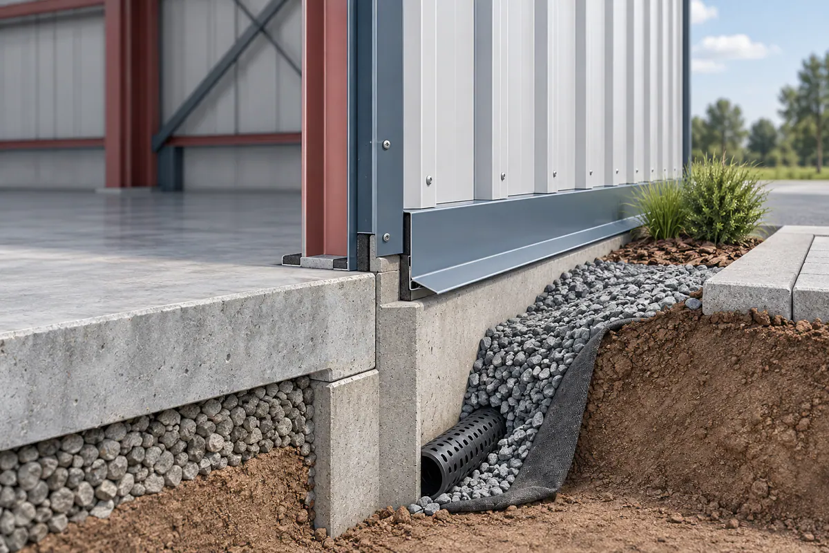 A steel-building perimeter base cutaway showing panel termination, slab edge, exterior grade, and water-management interfaces.