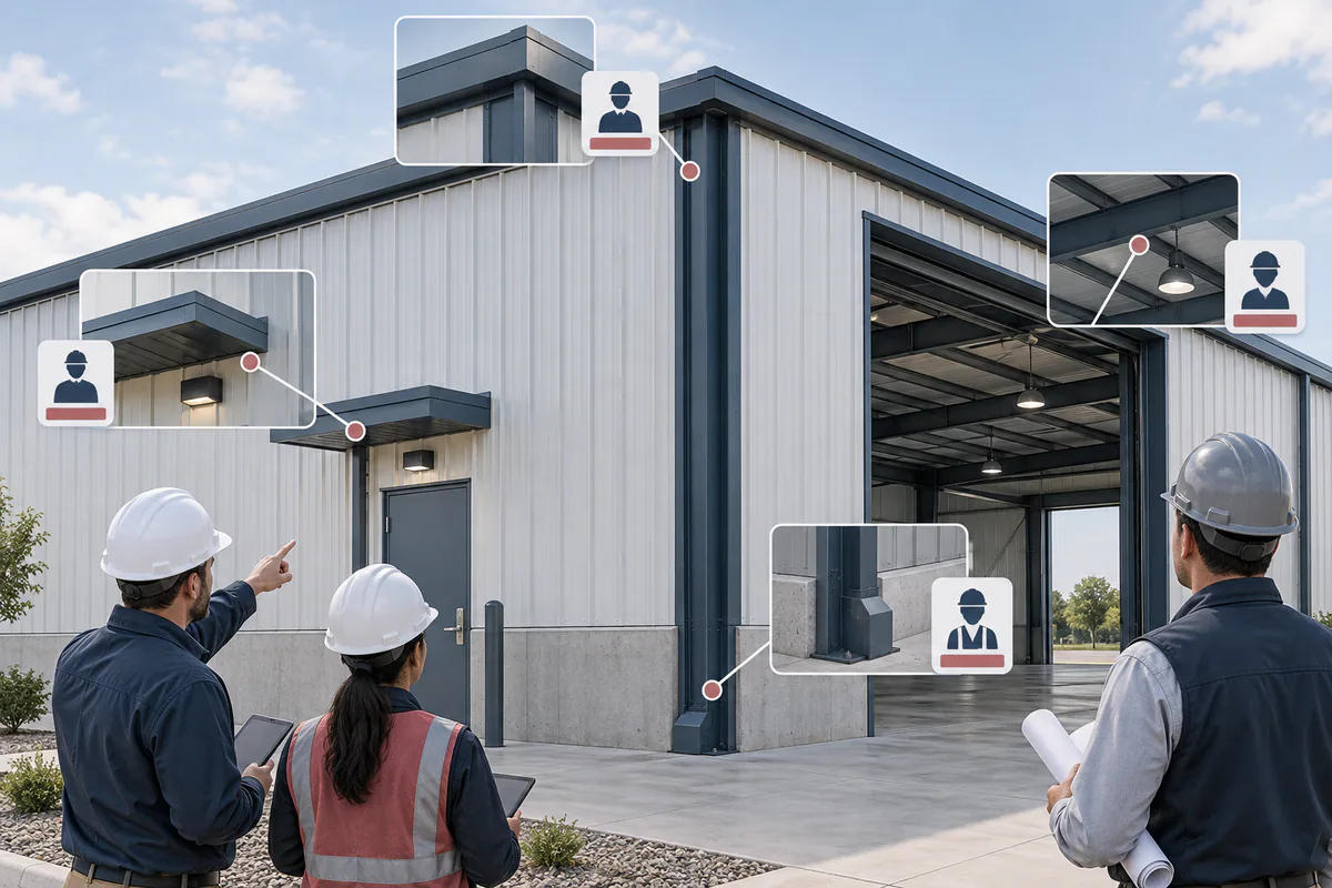 A completed steel-building corner with a few localized punch-list observations matched to separate ownership cards.