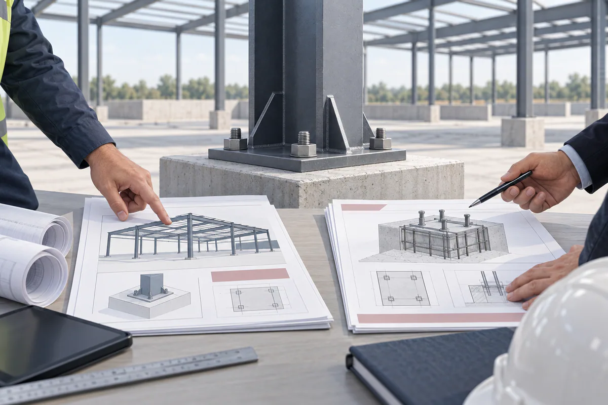 A steel column-and-foundation interface beside separate structural reaction and receiving-foundation documents.
