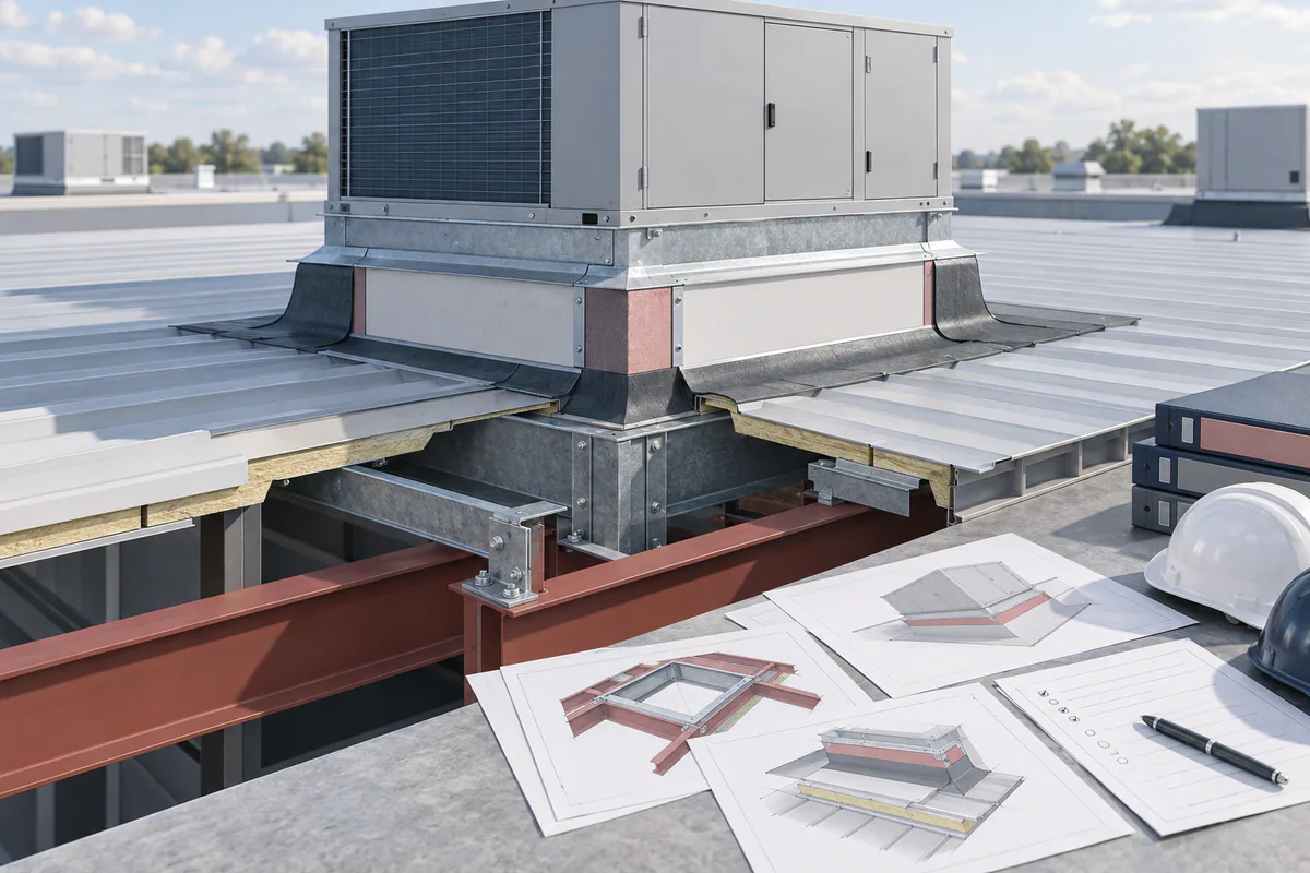 A roof curb mockup connecting mechanical equipment, supporting steel, flashing, and separate trade-handoff records.