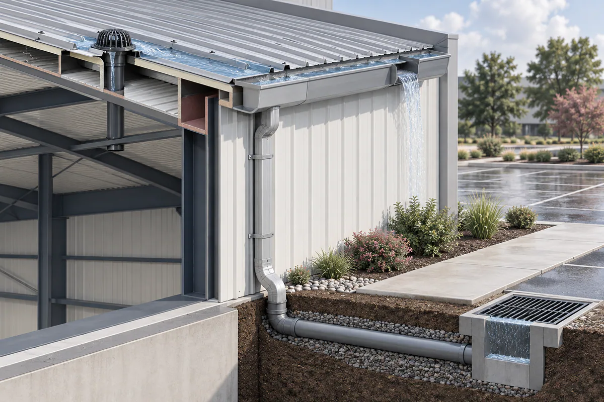 A metal roof eave with gutter, downspout, overflow context, and receiving site drainage coordinated in cutaway.