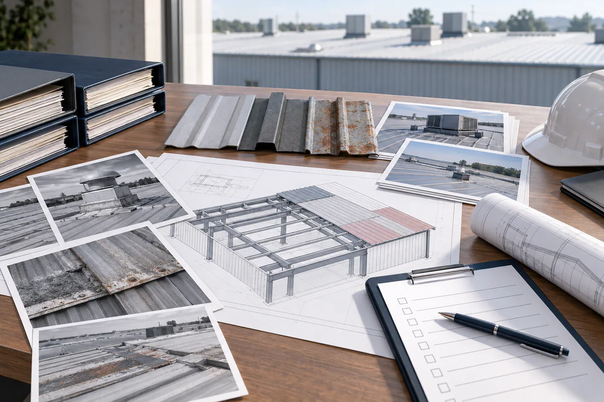 An existing roof retrofit planning bench with old roof samples, condition photographs, and measured framing records.