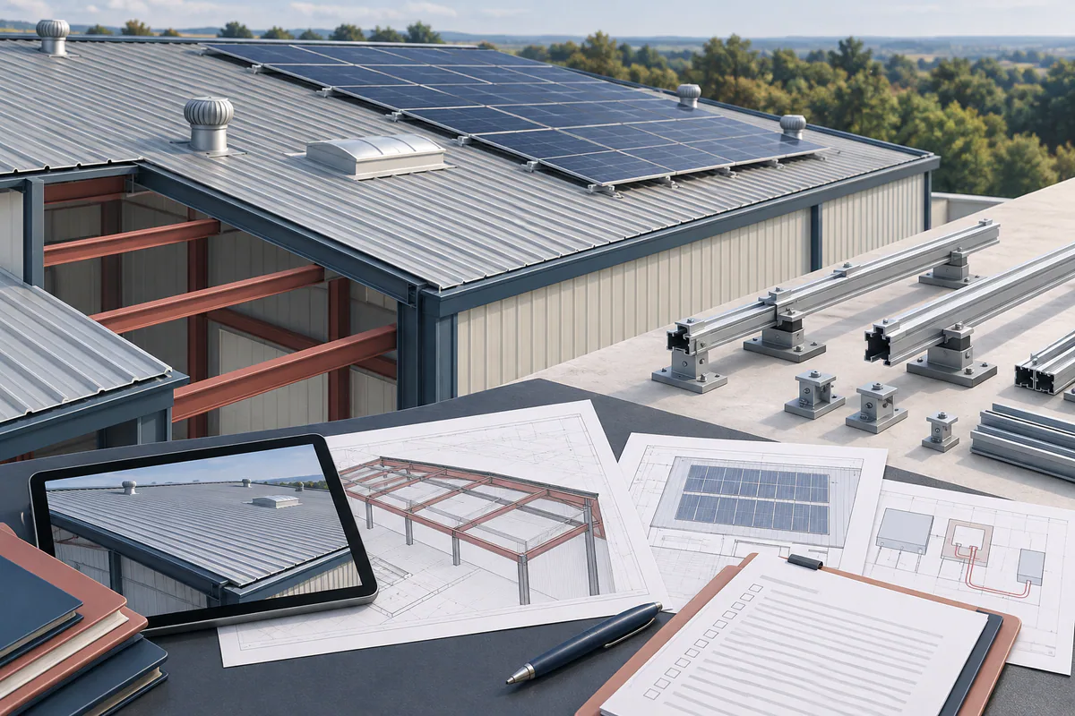 An existing steel roof with proposed solar supports shown separately beside measured framing and attachment-review records.