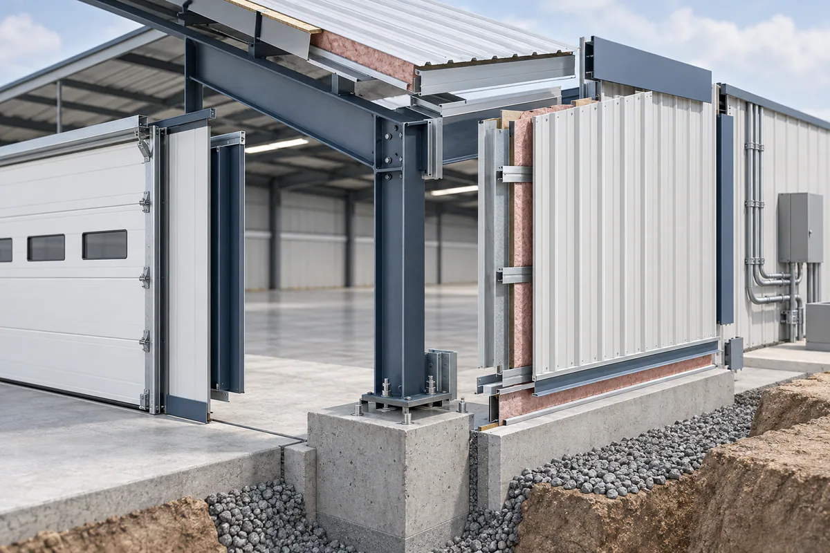 An exploded steel building corner revealing interfaces between shell, foundation, enclosure, and service trade scopes.
