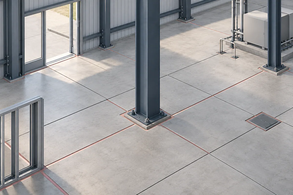 A slab plan model with joint lines coordinated around column bases, door thresholds, and equipment positions.