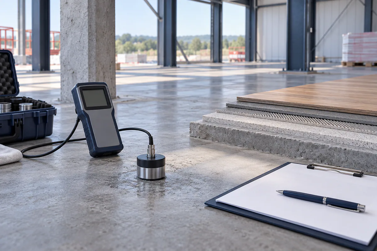 A slab moisture review setup beside flooring layers and a separate unmarked flooring handoff record.