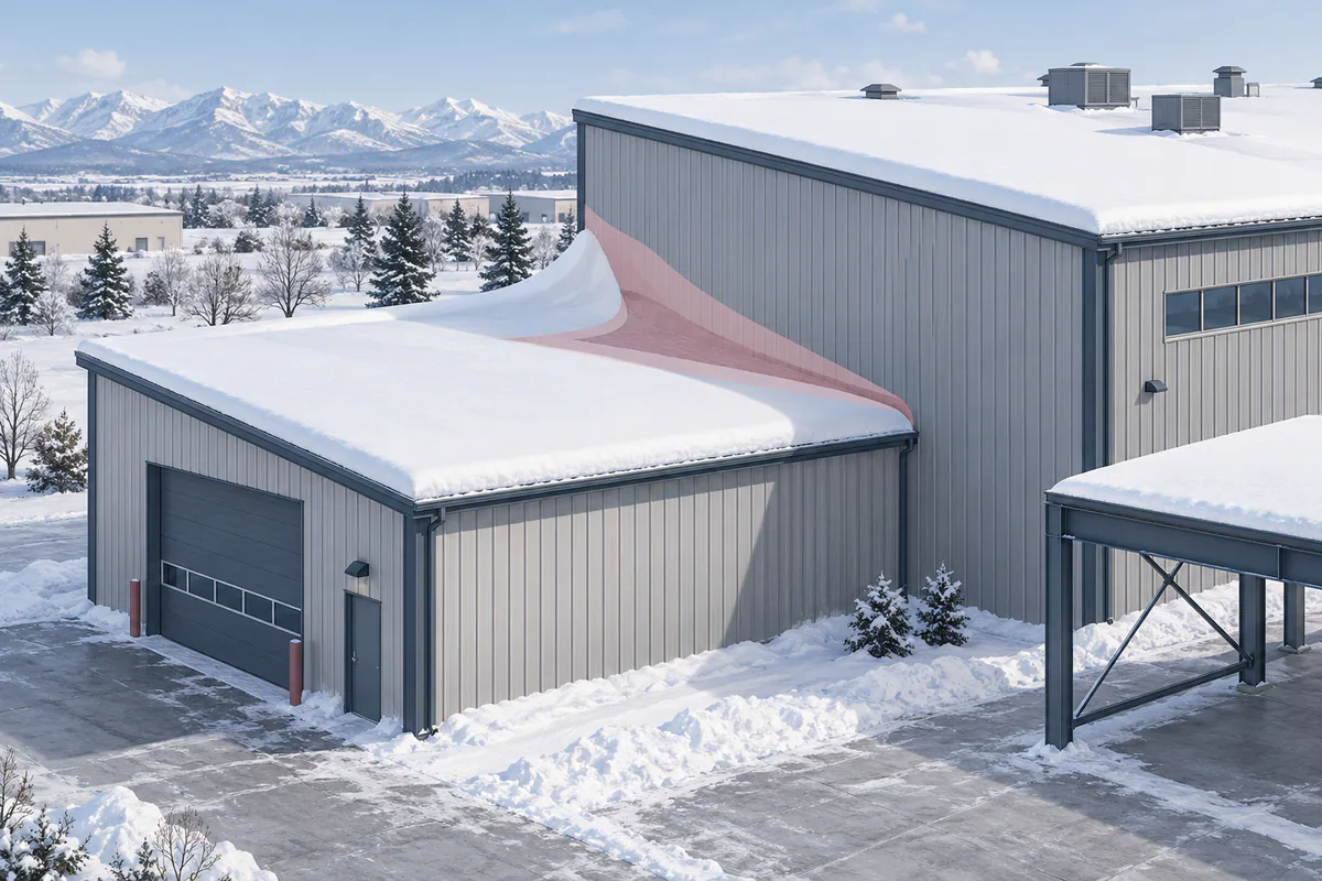 A steel building roof with adjacent roof-height changes and illustrative snow accumulation geometry, without design quantities.