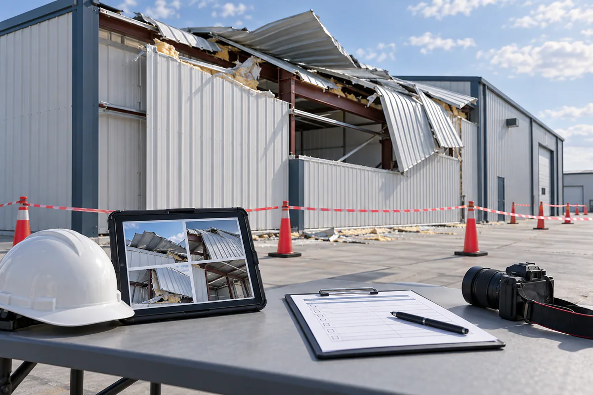 A storm-damaged roof-and-wall area safely isolated beside condition photographs and an unmarked triage record.