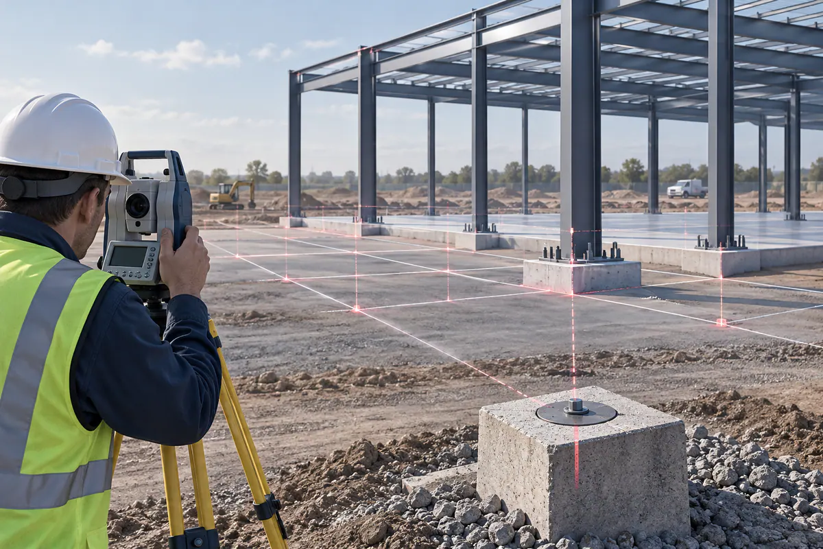 Survey control instruments and a durable site reference point aligned with the same steel-building grid model.