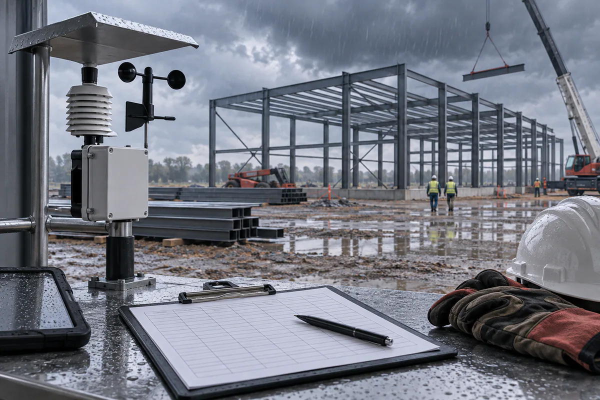 A steel-building work zone under rain clouds with a protected weather station and blank location-based delay record.