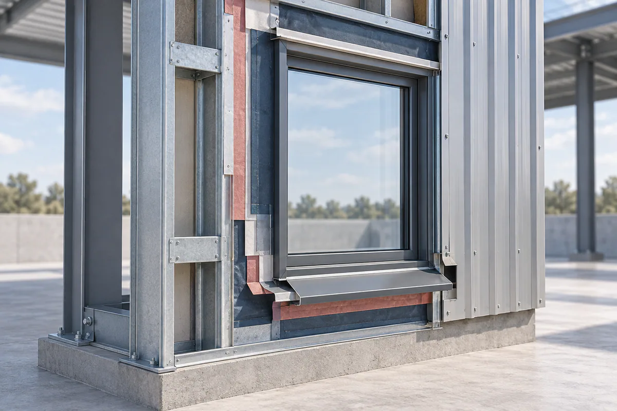 A full-scale conceptual window mockup with adjoining metal panel, rough framing, sill drainage, and flashing layers.