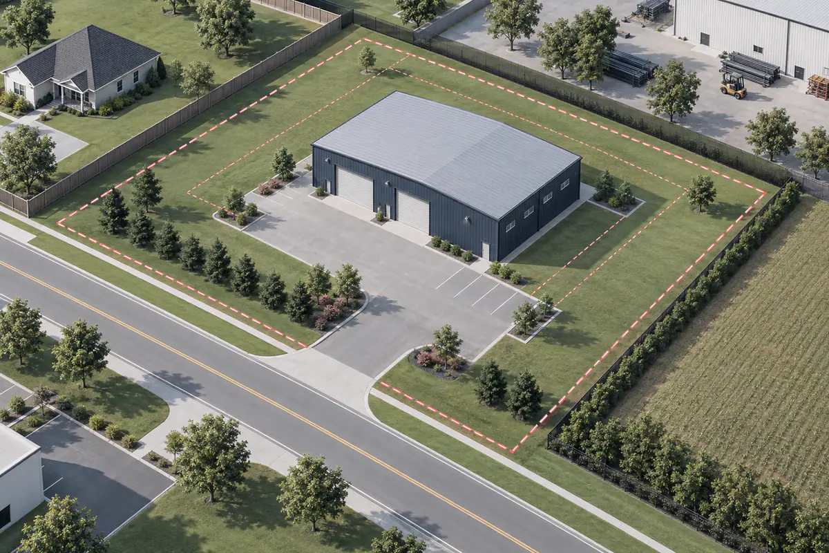 A parcel model showing a proposed steel building, neighboring properties, setbacks as open space, and site access.